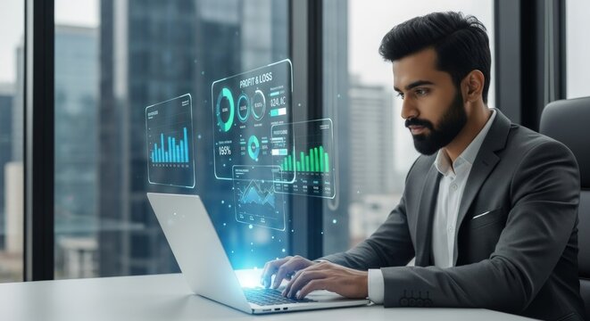 Modern professional analyzes data on laptop with transparent display