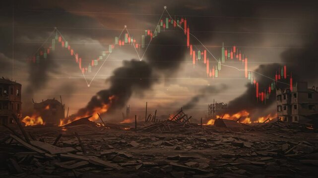Market Crash: Stock Chart Overlaying War-Torn City Ruins, Economic Crisis Visual
