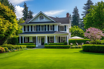 
Beautiful home exterior with a large front yard and green grass in the springtime. 