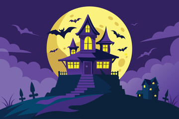 Spooky Haunted House on a Hill with Full Moon and Bats