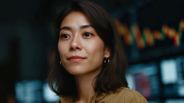 Woman transitions from thoughtful to joyful expression in a cozy indoor setting