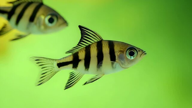 Zebra danio fish swimming in a loop on chroma green background, striped pattern and fast motion in clean frame