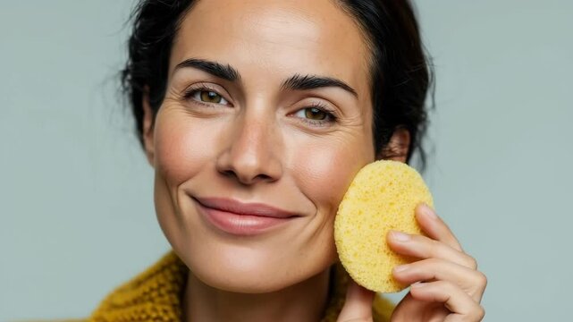 Woman smiling while cleansing face with yellow sponge in relaxing skincare routine