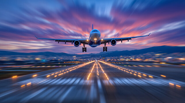 Powerful airplane ready for takeoff against a backdrop of intense sunset sky, runway stretching into distance with reflected lights, conveying speed, progress, and international fr