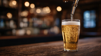 Amber beer flows smoothly from polished metal tap into clear pint glass, golden foam rising slowly, glass resting on rustic wooden bar illuminated by warm pub lighting
