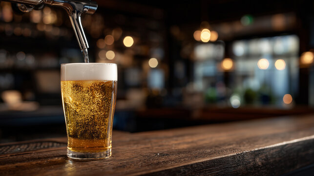 Amber beer flows smoothly from polished metal tap into clear pint glass, golden foam rising slowly, glass resting on rustic wooden bar illuminated by warm pub lighting