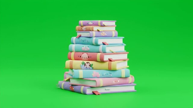 Stack of Pastel Cartoon Books With Kawaii Characters Isolated on Green Screen in 3D Rendering