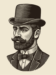 Gentleman Portrait in Engraving Style with Bowler Hat vector illustration


