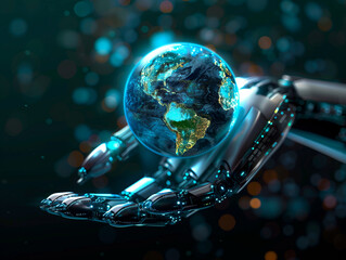 
robotic hands holding a small illuminated planet earth, futuristic concept