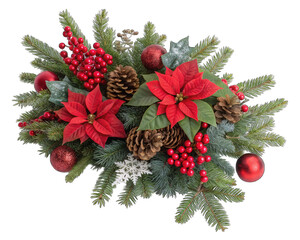 Festive christmas arrangement with poinsettias pine cones and berries isolated on transparent background.