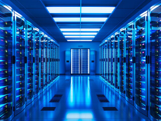 minimal organized server room with cool blue lights,