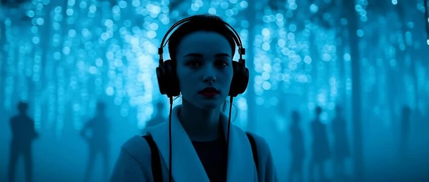Woman exploring futuristic light installation wearing headphones in dreamy atmosphere