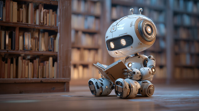 Cute futuristic robot reading book in library