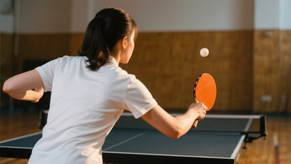 Female Young Woman Playing Table Tennis in Indoor Gymnasium