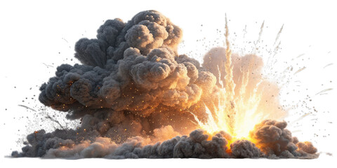 Massive fiery explosion with dark smoke and debris isolated on transparent background.