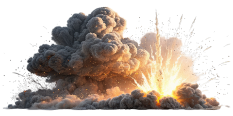Massive fiery explosion with dark smoke and debris isolated on transparent background.