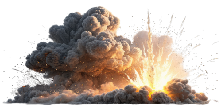 Massive fiery explosion with dark smoke and debris isolated on transparent background.