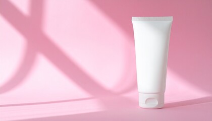 Realistic Mockup of Cosmetic Skincare Tube – White Plastic Cream or Lotion Container Set Against a Minimalist Pink Background for Marketing Use
