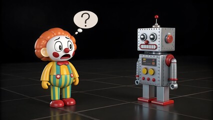 Clown and robot with question mark bubble in a dark background scene illustration