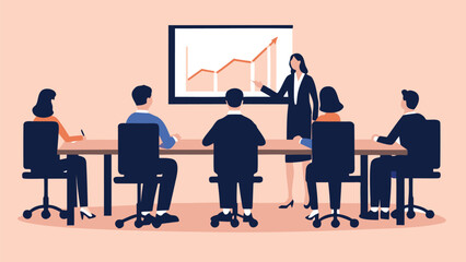 Business presentation with a woman presenting a chart to a group of people in a conference room setting
