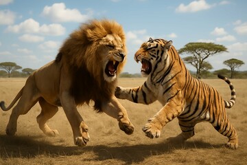Lion and tiger in mid-air clash over savanna landscape, powerful moment of wild aggression with claws out, cinematic lighting, dusty terrain, action wildlife concept, nature confrontation tension