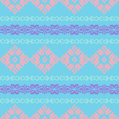 An elegant and traditional Songket Padang textile pattern  geometric motifs in pastel colorful background. Classic Indonesian design symmetrical borders traditional weaving artistry