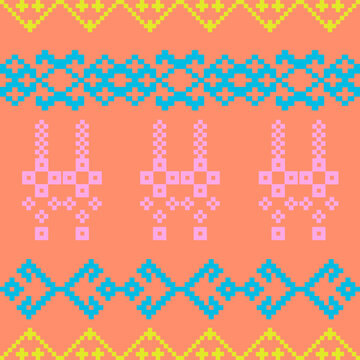 An elegant and traditional Songket Padang textile pattern  geometric motifs in pastel colorful background. Classic Indonesian design symmetrical borders traditional weaving artistry