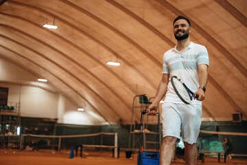 Smiling, positive facial expression. Man is playing tennis indoors in the hangar