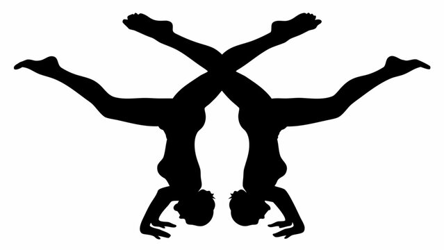 Silhouette of two women performing handstands with legs crossed in a mirrored symmetrical composition