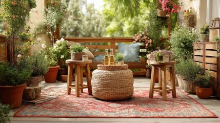 Cozy Outdoor Balcony Decorated With Plants Flowers Wooden Furniture and Colorful Rug Under Sunlight