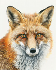 Naklejka premium Close-up of a red fox with orange eyes, furry texture, white background