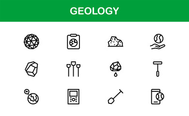 Geology, Unique Line Icon Collection. Creative, premium-quality outline icons featuring geological tools, stratigraphy, tectonic plates, and excavation symbols for scientific visuals.