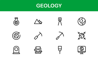 Geology, Unique Line Icon Collection. Creative, premium-quality outline icons featuring geological tools, stratigraphy, tectonic plates, and excavation symbols for scientific visuals.