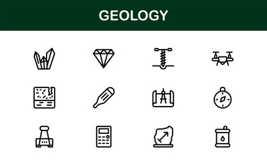 Geology, Unique Line Icon Collection. Creative, premium-quality outline icons featuring geological tools, stratigraphy, tectonic plates, and excavation symbols for scientific visuals.
