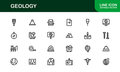 Geology, Unique Line Icon Collection. Creative, premium-quality outline icons featuring geological tools, stratigraphy, tectonic plates, and excavation symbols for scientific visuals.