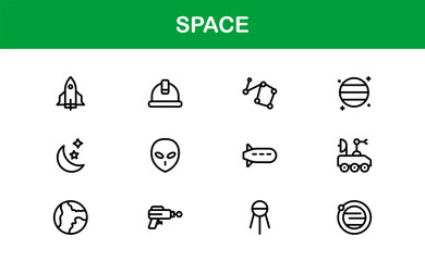Space, Modern Line Icon Pack – A professional, minimal, and creative collection of cosmic and astronomy symbols in vector line art style.