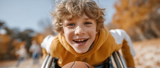 Special Recreation For The Disabled Day with Joyful Boy in Wheelchair Playing Football Outdoors - Autumn Friends and Halloween Festivities with Black Friday Energy