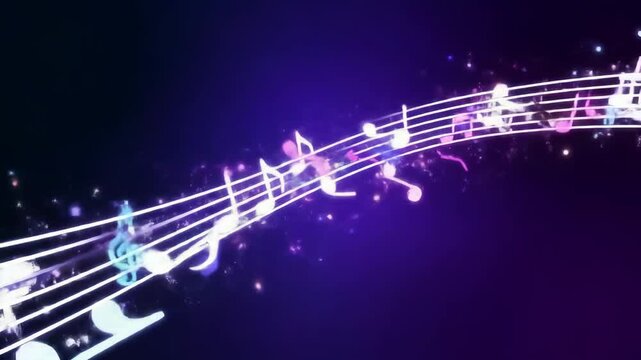 Glowing musical notes and staff undulating on a violet background, animated with floating, pulsing, and sparkling motion