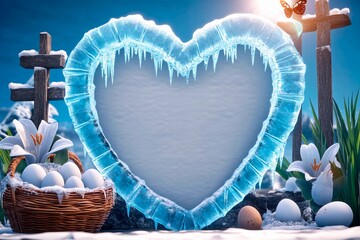 Heart-shaped icy frame with igloo and winter decorations creates a serene arctic atmosphere