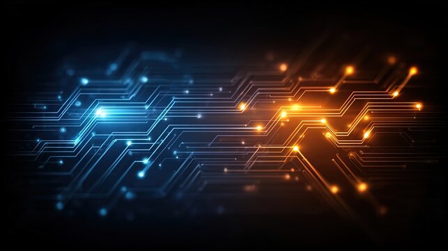A futuristic circuit board background features glowing orange nodes and white geometric lines on a deep blue gradient, ideal for technology presentations.