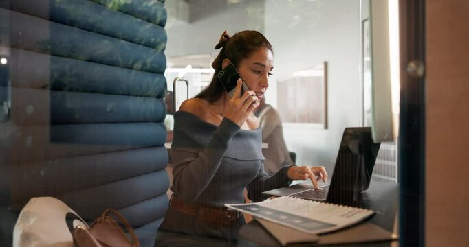 Business, phone call and woman in booth, laptop and confidential info with budget report. Mature person, hybrid and entrepreneur with technology, audit or check email with privacy or online safety