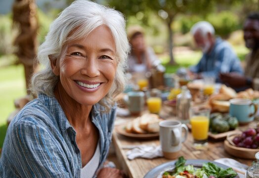 An elderly woman is having lunch with her family in the backyard, enjoying healthy food and smiling while sitting on a wooden bench in the park on a sunny day.