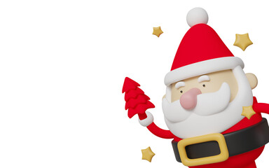 Cute 3D cartoon Santa Claus holding a red Christmas tree, isolated on white background. Perfect for holiday promotions, greeting cards, banners, and festive designs.