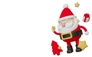 Cute 3D cartoon Santa Claus holding a red Christmas tree, isolated on white background. Perfect for holiday promotions, greeting cards, banners, and festive designs.