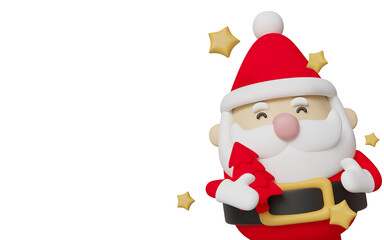 Cute 3D cartoon Santa Claus holding a red Christmas tree, isolated on white background. Perfect for holiday promotions, greeting cards, banners, and festive designs.