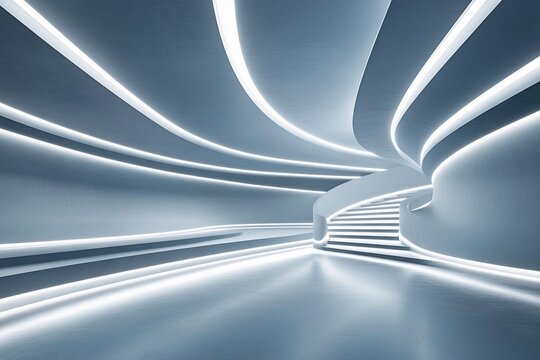 Futuristic museum showcasing symmetrical spiraling ramps illuminated by soft lighting for an immersive visitor experience