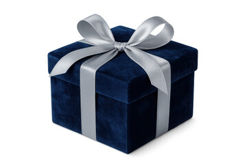 Obraz premium Closed blue velvet gift box with silver ribbon on transparent background, perfect for luxury and celebration concepts