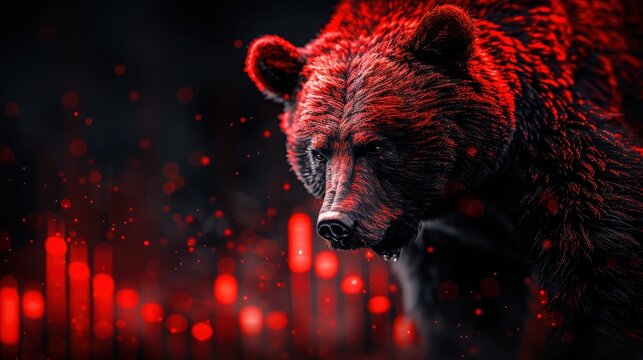 Brown Bear Stands Amid Red Bitcoin Price Decline on Dark Screen Symbolizing Crypto Bear Market