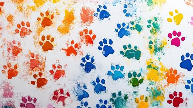 Colorful pet paw prints scattered on white background  