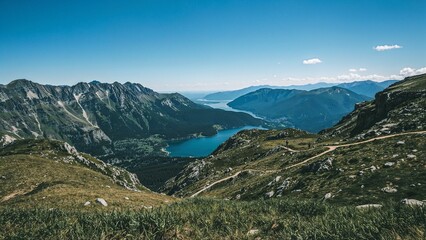 Fototapeta premium Majestic mountain trail overlooking scenic lakes